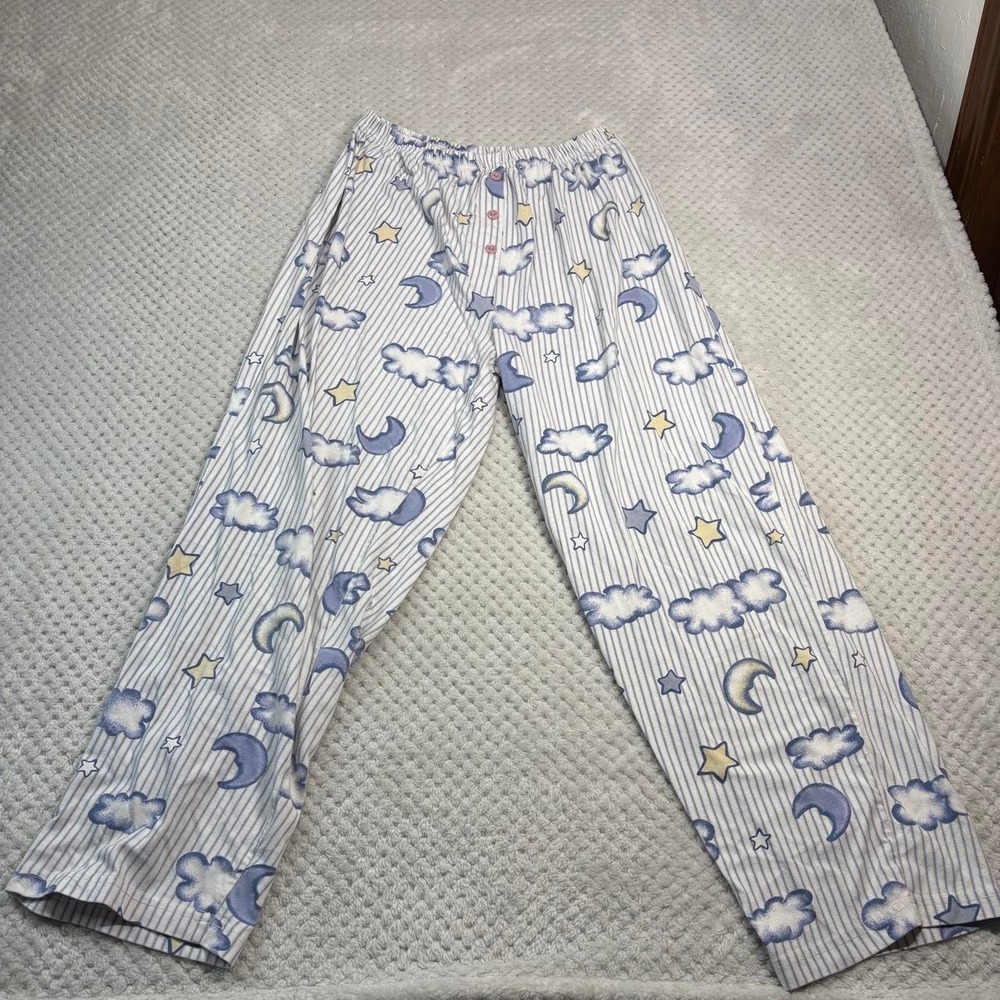Vintage Celestial Pajama Pants Blue White Striped Moon Star Cloud Women Large